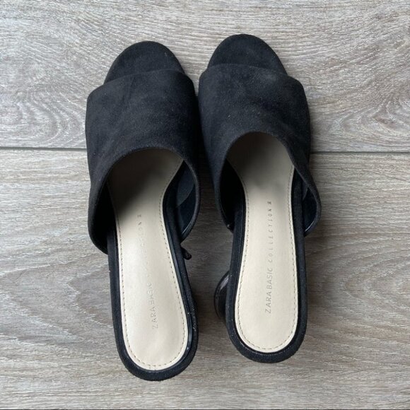 Zara  Black Faux Suede Clear Heel Slides - Picture 3 of 14